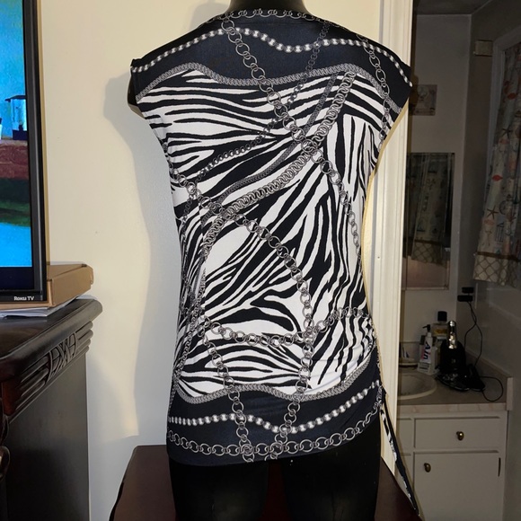 Cache M Zebra Chain Print Black White Gray Stretch Knit Top Ruched Tie Side - Picture 6 of 12